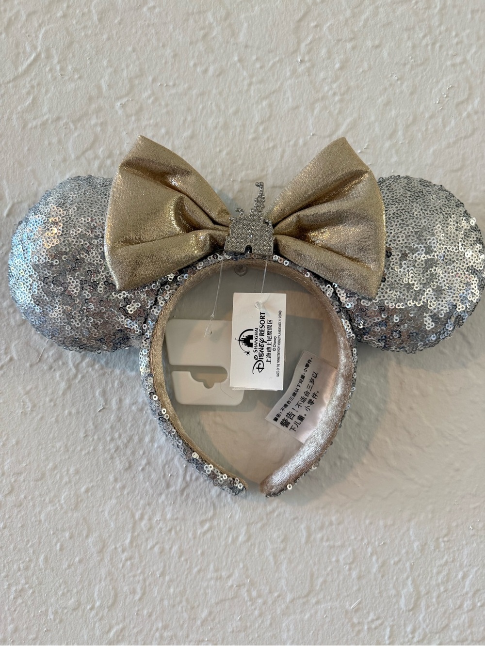 Disney Silver Sequin Minnie Ears Headband with Gold Bow Accent